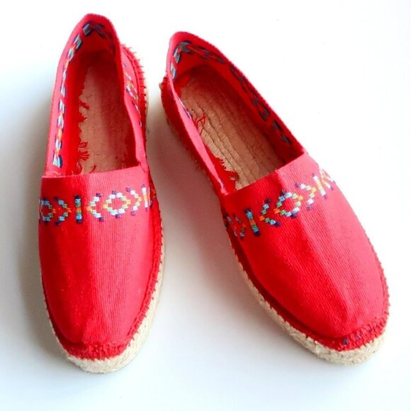 Cousu Main Handmade Red Organic Cotton Canvas Espadrilles Flats Summer Shoes - Picture 4 of 16